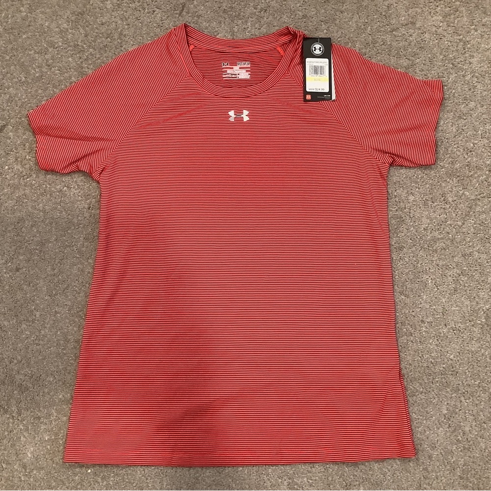 NWT Women’s Under Armour Striped Crew Neck Shirt Orange Black Size M